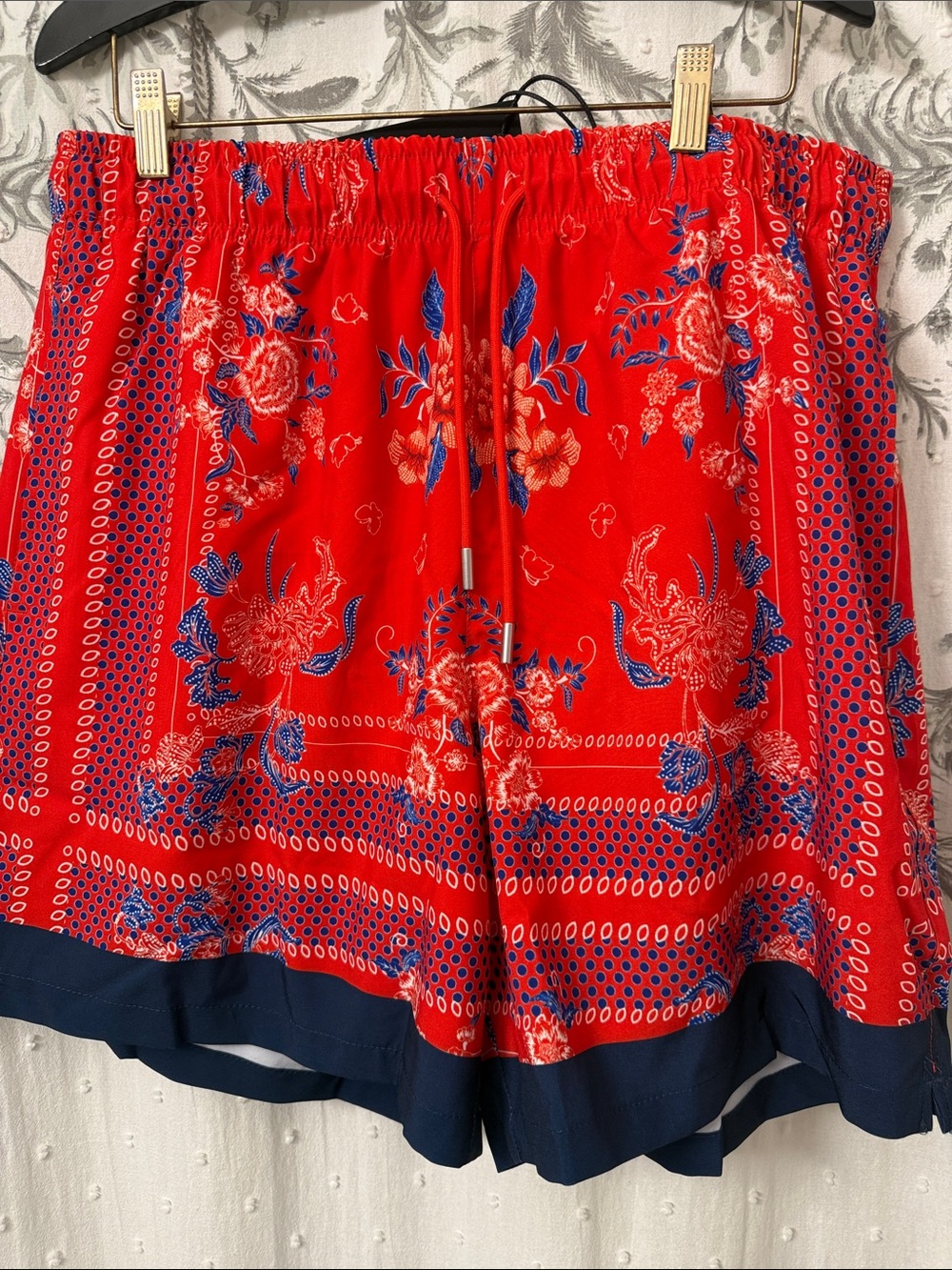 Men’s Red Floral Athletic Shorts with Navy Trim